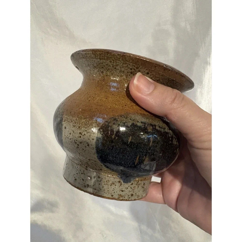 Studio Art Pottery Ceramic Brown Blue Glazed Vase Planter Pot Signed